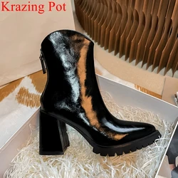 Krazing Pot krowa skórzane okrągłe Toe buty zachodnie Slip on grube dno Casual ciepłe zimowe platformy mieszane kolor eleganckie botki