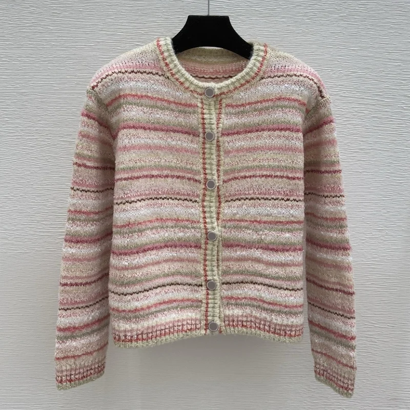 

High-quality multi-color striped women's round-neck single-button cardigan with a laid-back and casual style sweater 251028226