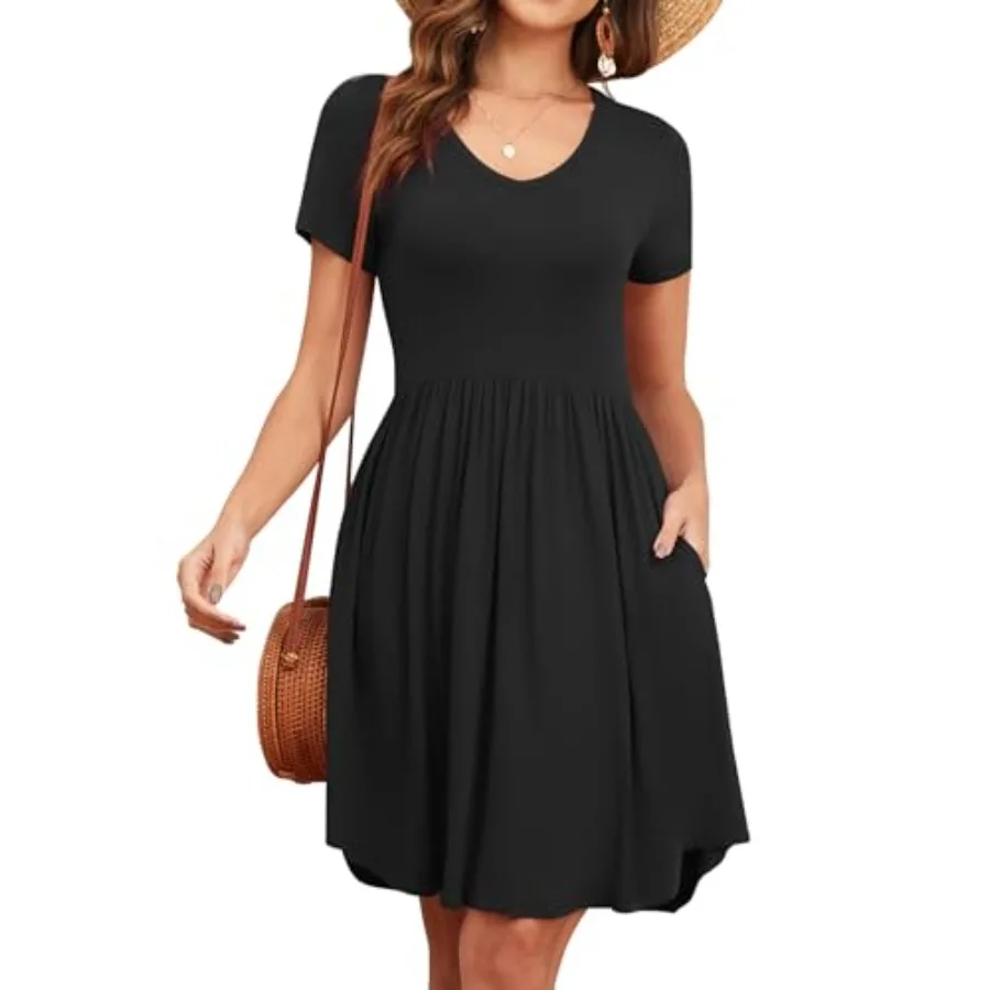 

Women's 2026 Summer Short Sleeve Dresses Casual Loose Fit Swing T Shirt Dress V Neck Sundress with Pockets