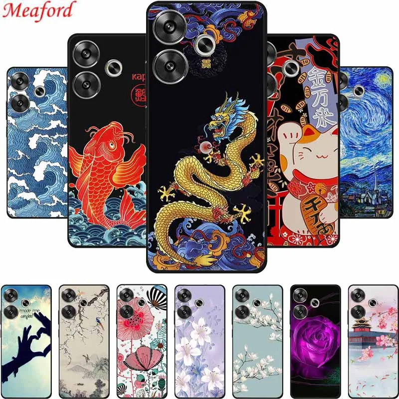 For Xiaomi Poco M6 4G Case 3D Emboss Black Silicone Soft Back Cover Case For Xiaomi Redmi 13 5G Turbo 3 Note 13R Poco F6 Case