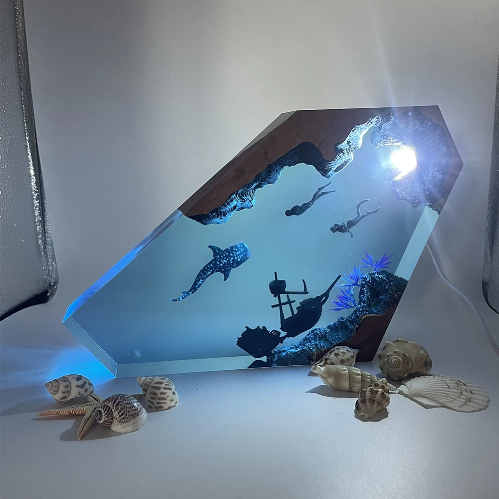 Walvis Duikers Onderzeese Hars Licht Creatieve Kunst Mooi Nachtlampje Ambachtelijke Oceaan Landschap Decoratie USB Sfeer Tafellamp