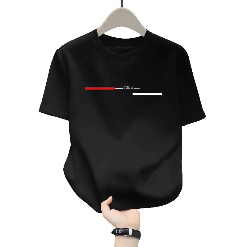 Men's pure cotton T-shirt with short sleeves, simple red and white lines, trendy printed T-shirt, casual street wear