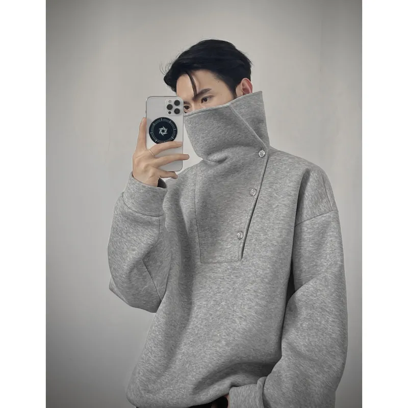 

Retro American ey High Collar Sweatirt Stand Collar Jaet Loose Fit ex Autumn Design Sense Casual Top for Men And Women