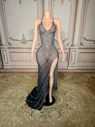 Fashion Design Crystals Transparent Dress Evening Celebrate See Through Mesh Birthday Celebrate Performance Costume