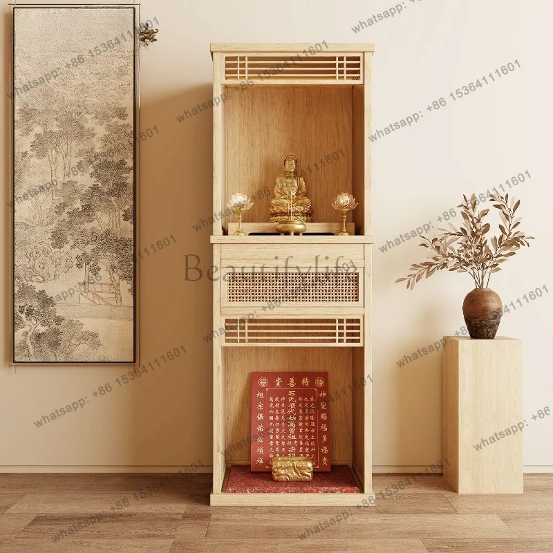 YJ New Chinese Ash Wood Solid Wood Altar Table Modern Minimalist Double Layer Home Shrine Cabinet With Storage Cabinet