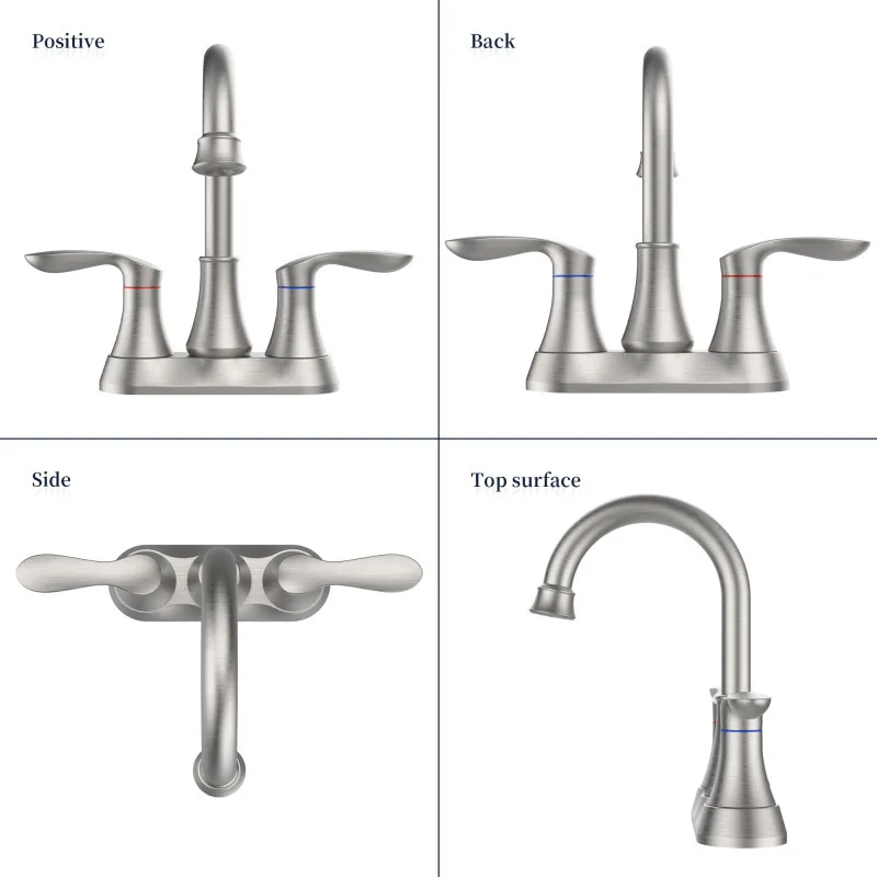 

4 Inch Centerset Bathroom Faucet Brushed Nickel 2 Handle 360° High Arc Swivel Spout With Pop Up Drain Supply Hoses