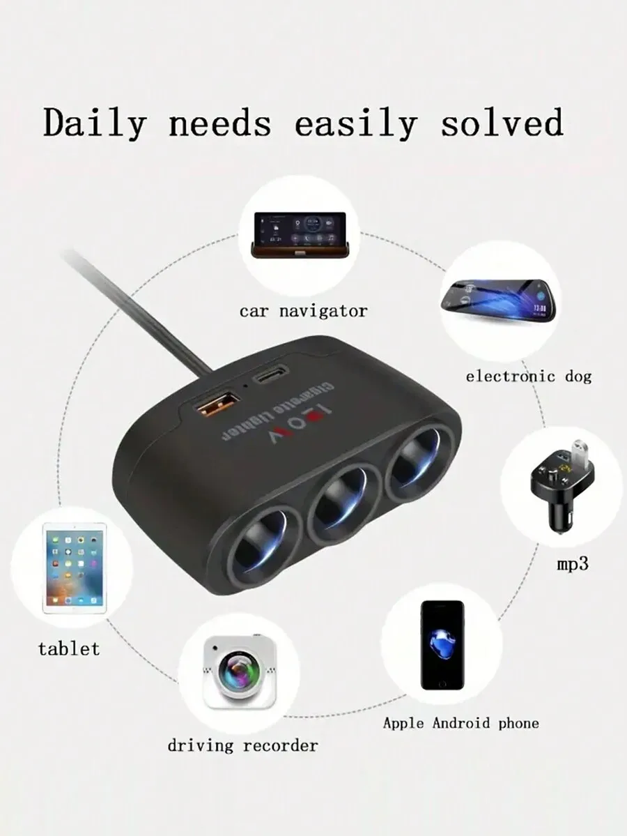 3-In-1 Car Charger With USB PD And Triple Power Sockets 120W For Phone Tablet Navigator