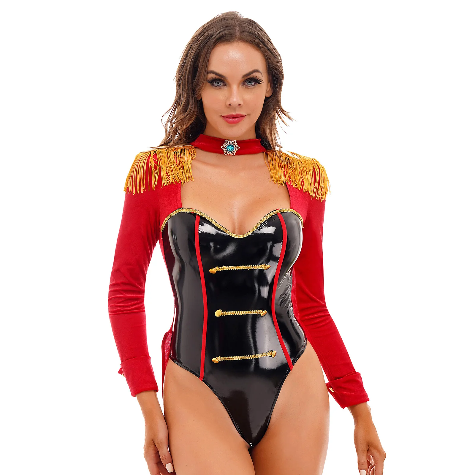 Womens Circus Ringmaster Cosplay Outfit Role Play Costume Tassel Shoulder Board Long Sleeve Bodysuit Swallow-Tailed Catsuit