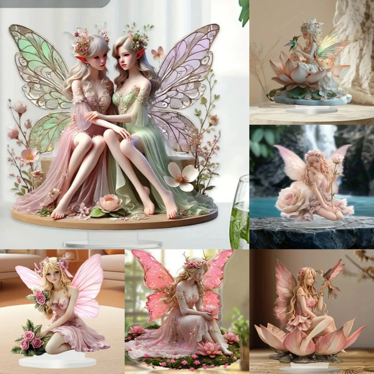 Fairy Statue,2D Flat Acrylic Pink Elves Figurine,Home,Office,Cafe,room,Studio,display Case,Table Desktop Ornament Decor Kit Gift