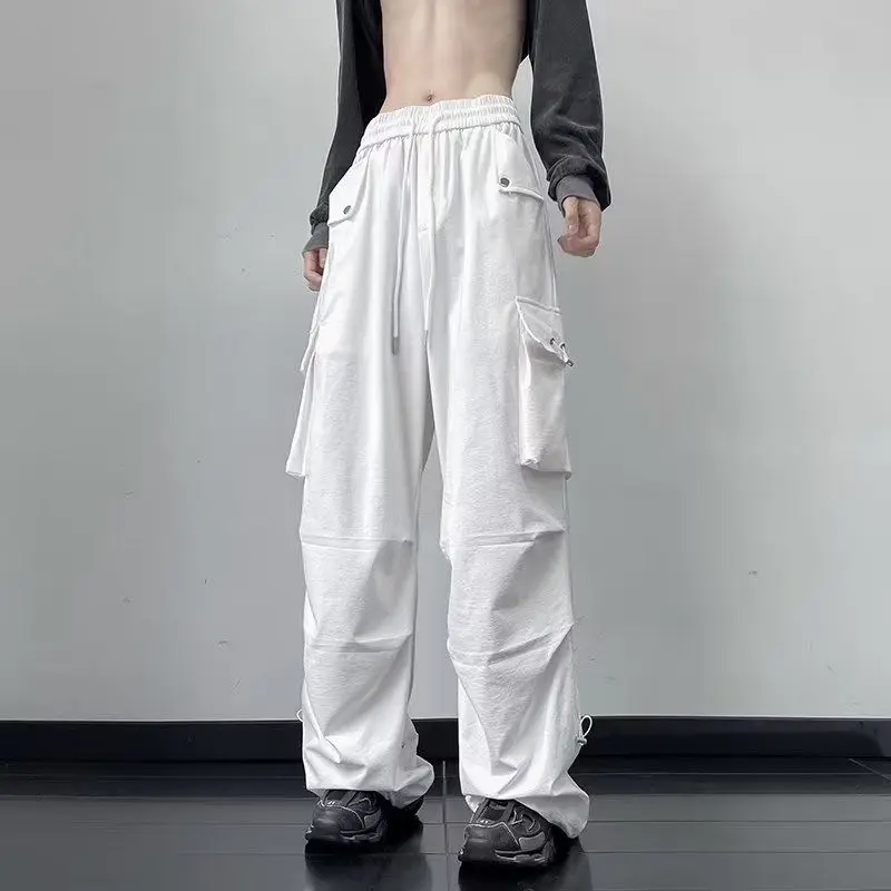 

Youthful Trendy Summer New Men's Solid Color Patchwork Pocket Pleated Drawstring Button Loose High Waisted Casual Straight Pants