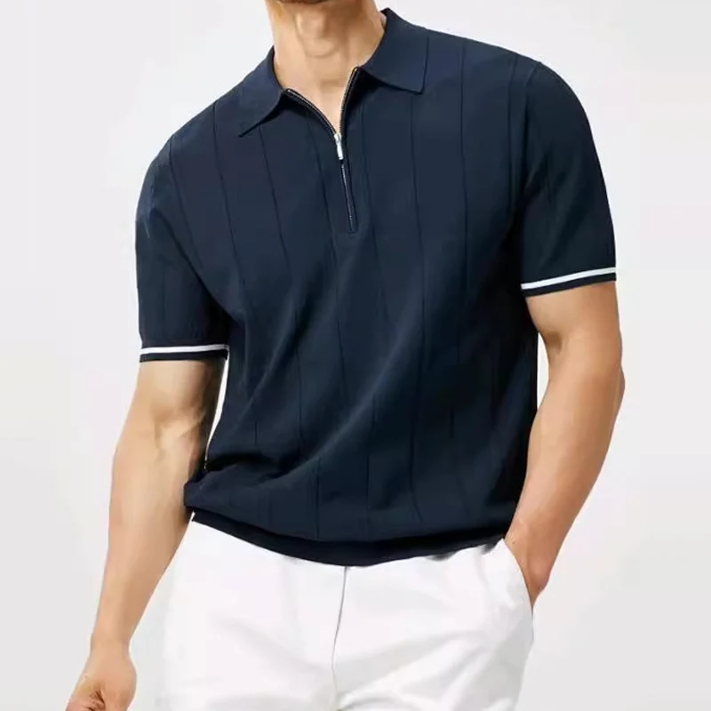

Summer Casual Polo Shirts Men Leisure Breathable Ice Silk Slim Knitted Polo T Shirt For Mens Fashion Striped Short Sleeve Tops