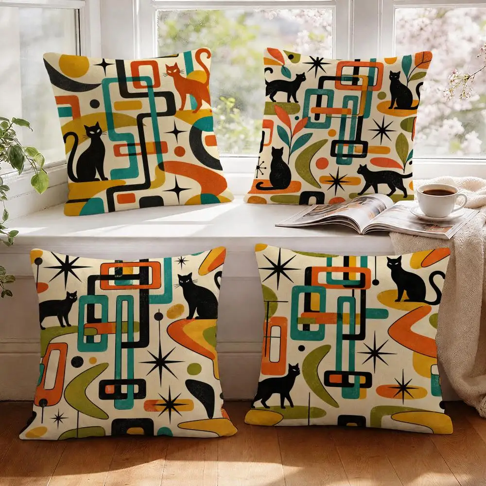 Mid-century Cats Cushion Cover 1/4Pcs Linen Throw Pillow Covers Double-Side Print Sofa Couch Living Room Decor