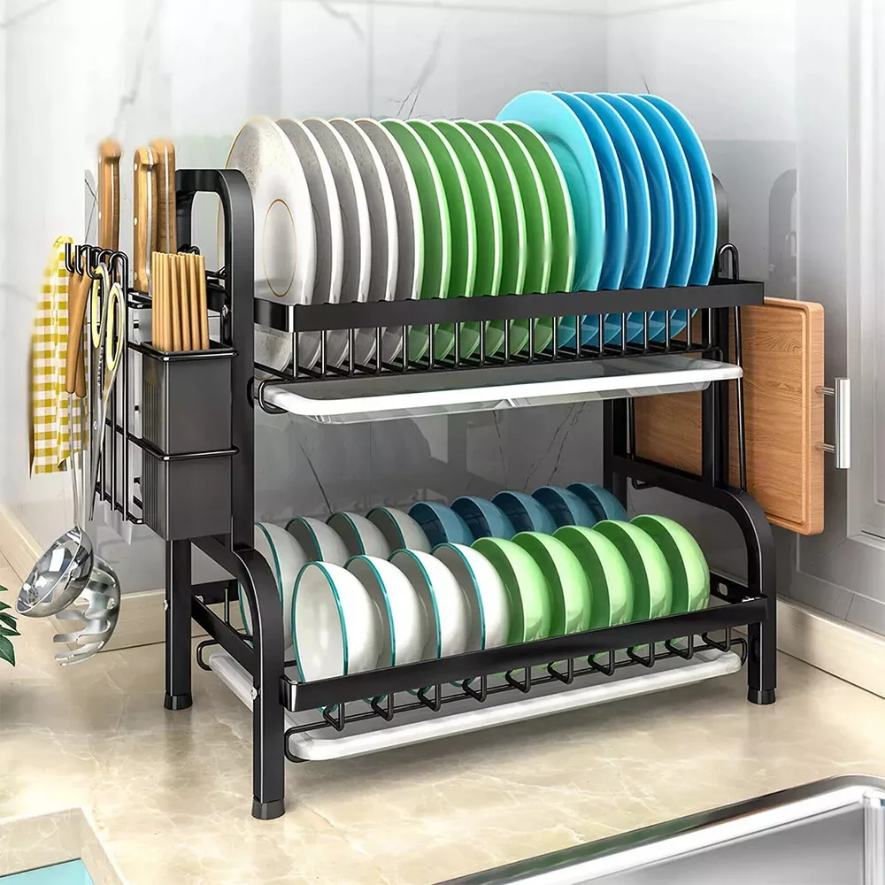 Dish Drying Rack 2-Tier Compact Kitchen Dish Rack Drainboard Set Large Rust-Proof Dish Drainer with Utensil Holder