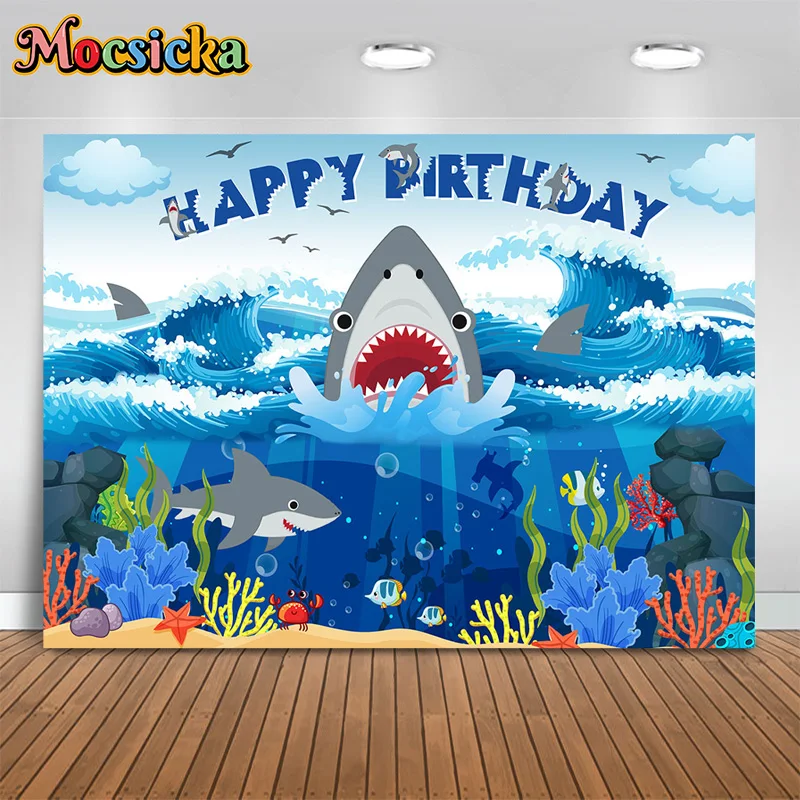 

Mocsicka Photography Background Underwater World Shark Decor Backdrop for Boys Girls Birthday Party Kids Photo Studio Banner