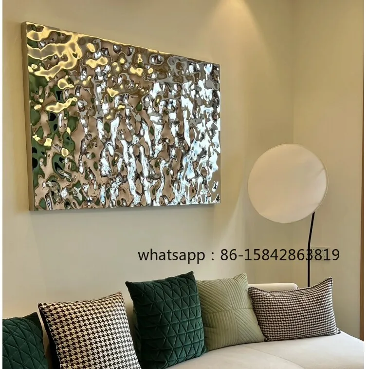 Arte de Parede 3D com Efeito de Ondas de Água, Espelho Retangular em Aço Inoxidável, Decoração Simples e Moderna para Casa e Hotel