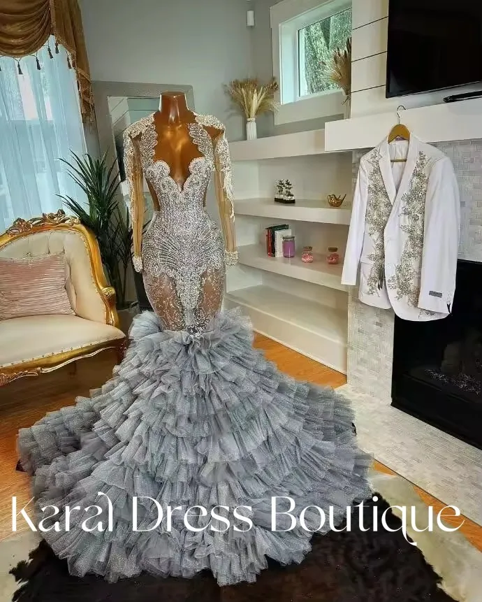 

Silver Long Sleeve Sparkly Long Prom Dress for Black Girl Diamond Crystal Birthday Party Gown Customized Ruffles Wedding Dress