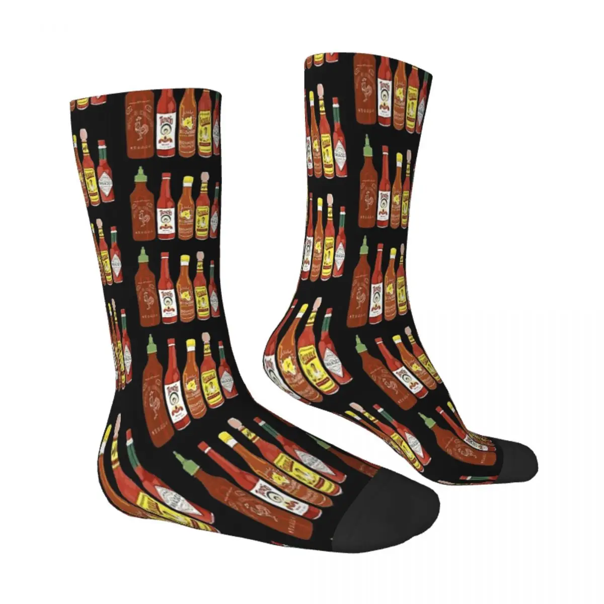 Spicy Check Out These Hot Sauces On Black Background Socks Male Mens Women Spring Stockings Harajuku