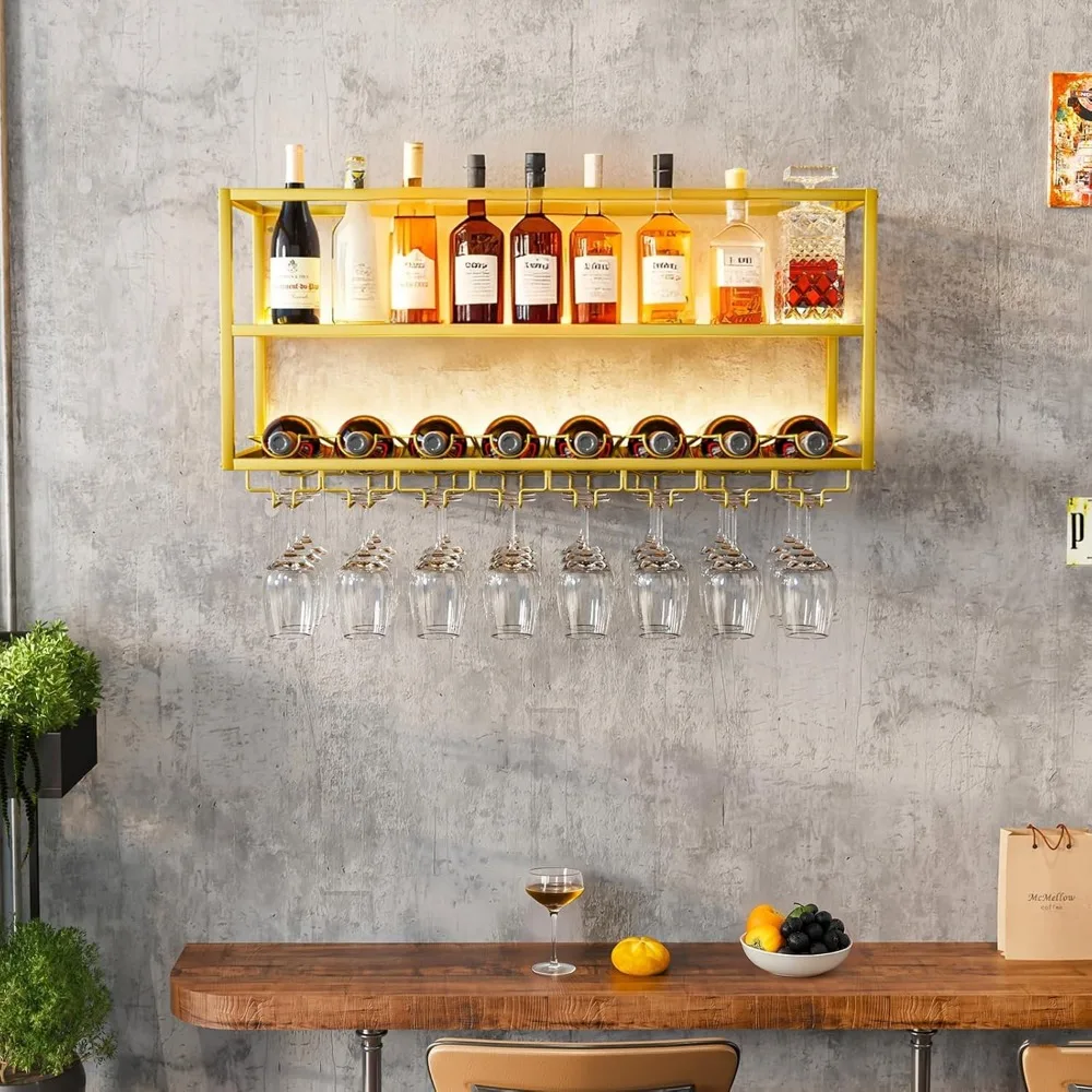 

Contemporary Wall-Mounted Wine Rack with Glass Holder, Metal Bar Shelf, Floating Liquor Storage, Display Rack for Bottles