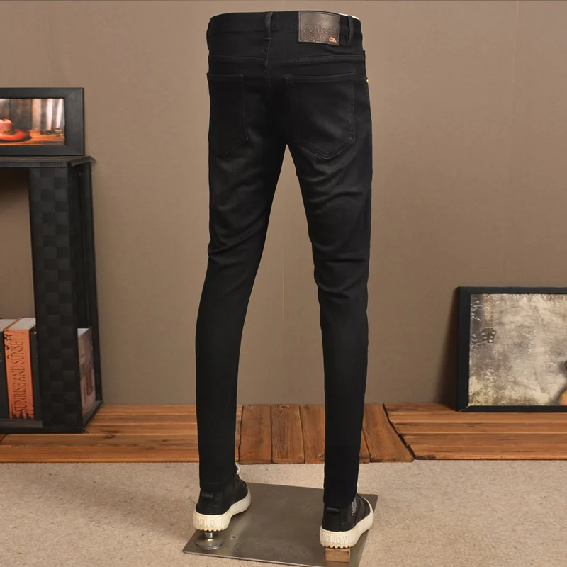 Streetwear Fashion Men Jeans Retro Blue Elastic Skinny Fit Ripped Jeans Men Painted Designer Trousers Vintage Denim Pants Hombre