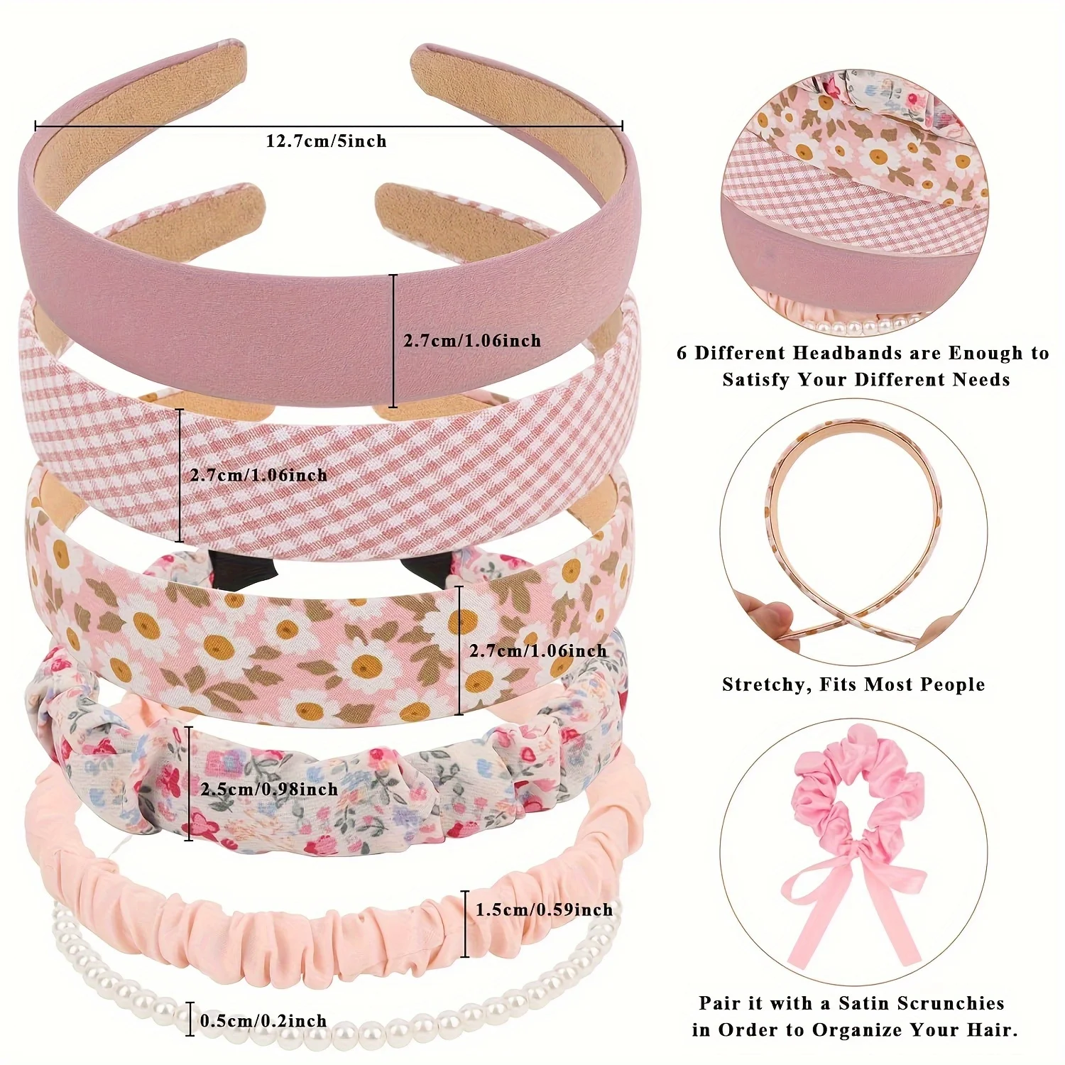 7 Stirnbänder für Frauen und Mädchen, 7 Stück rutschfeste, mit Blumen gepolsterte Stirnbänder, süßes Perlen-Stirnband für Mädchen, Vintage-breites Stirnband – Detail 4
