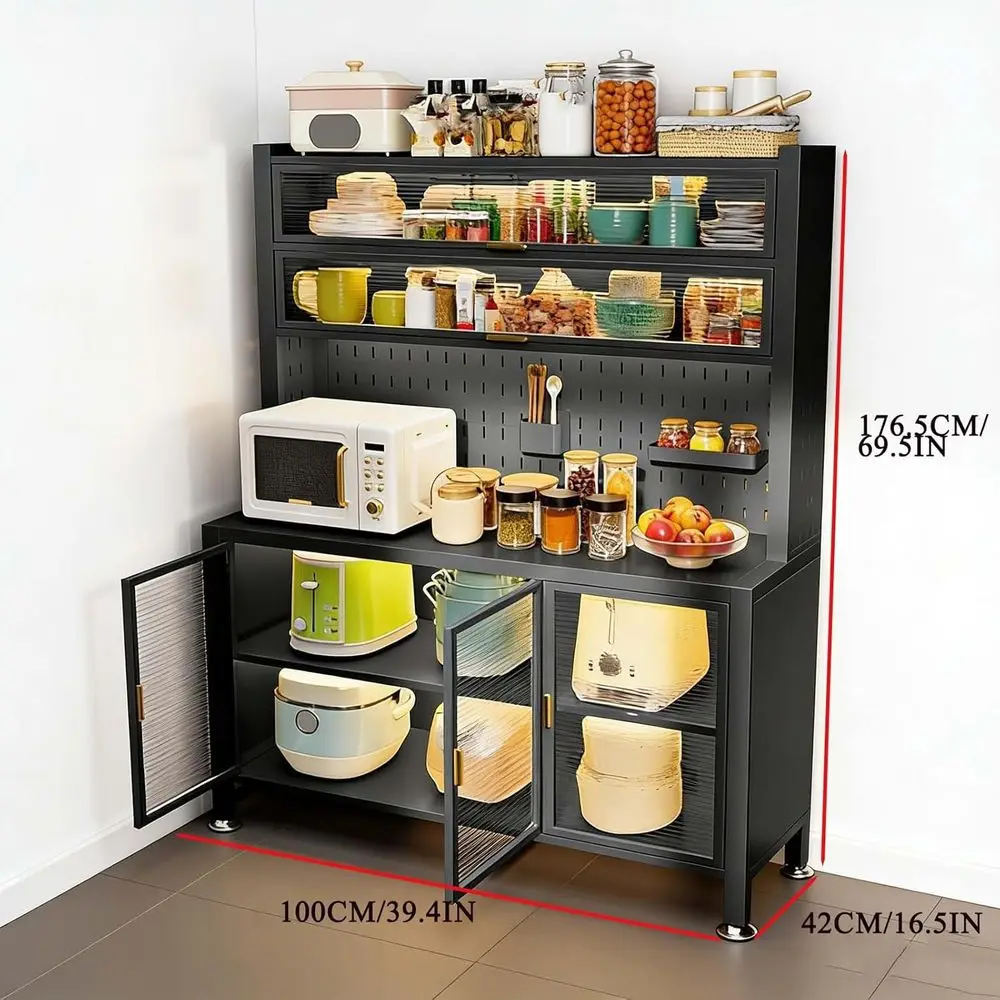 Gray Spacious Kitchen Storage Cabinet with Adjustable Shelves, Pantry Organizer, and Hook Racks