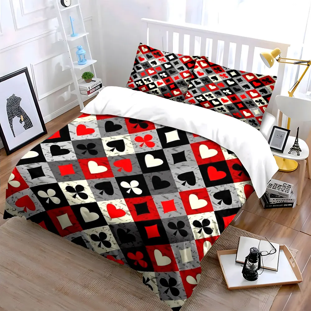 Poker Suit Argyle Vintage Duvet Cover Set, Red Black Grey Card Pattern Bedding Includes 1 Duvet Cover And 2 Pillowcase, Gift
