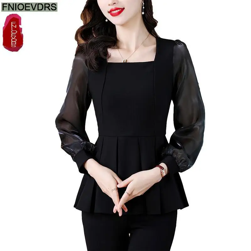 Loose Clothes Women 2024 Autumn Elegant Office Lady Button Shirts Casual Retro Vintage Black Mesh Tunic Peplum Tops Blouses