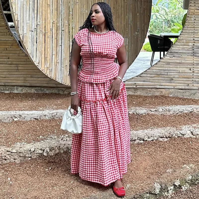 

Women's Red Gingham Two Piece Set Fashion Smocked Cap Sleeve Top Tiered Long Skirt Ideal For Summer Picnic & Vacation Wear