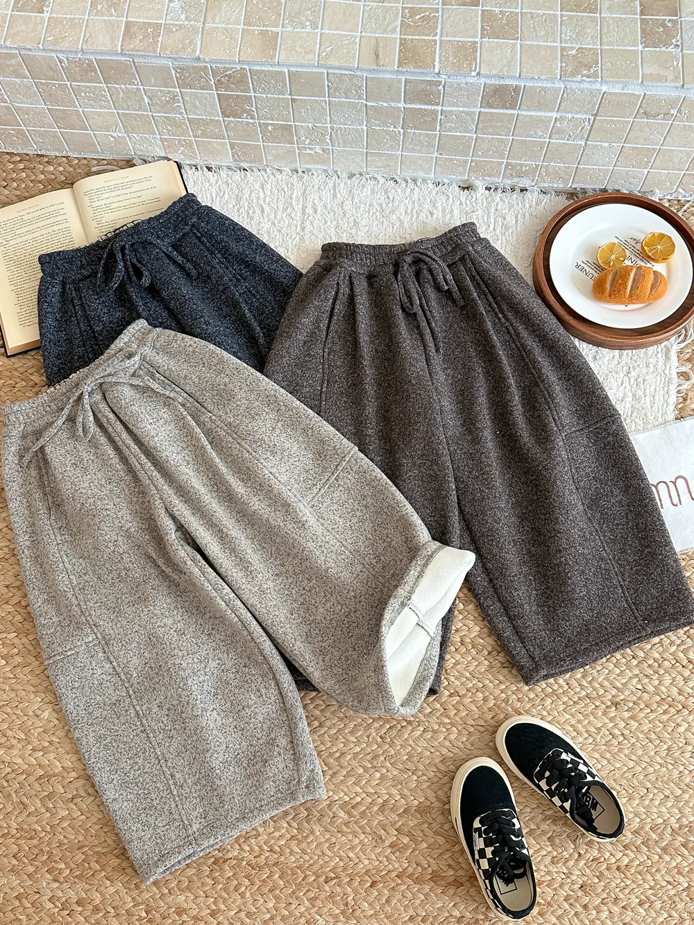 2026 Winter New Children Fleece Casual Pants Solid Boys Wide Leg Pants Plus Velvet Thick Girls Woolen Trousers Kids Clothes