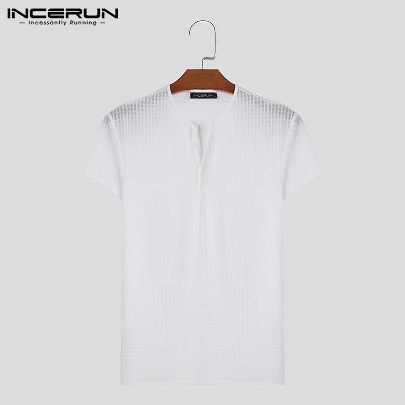 2024 Men's T Shirt Plaid V Neck Short Sleeve Casual Tee Tops Men Streetwear Fitness Transparent Fashion Camisetas S-5XL INCERUN