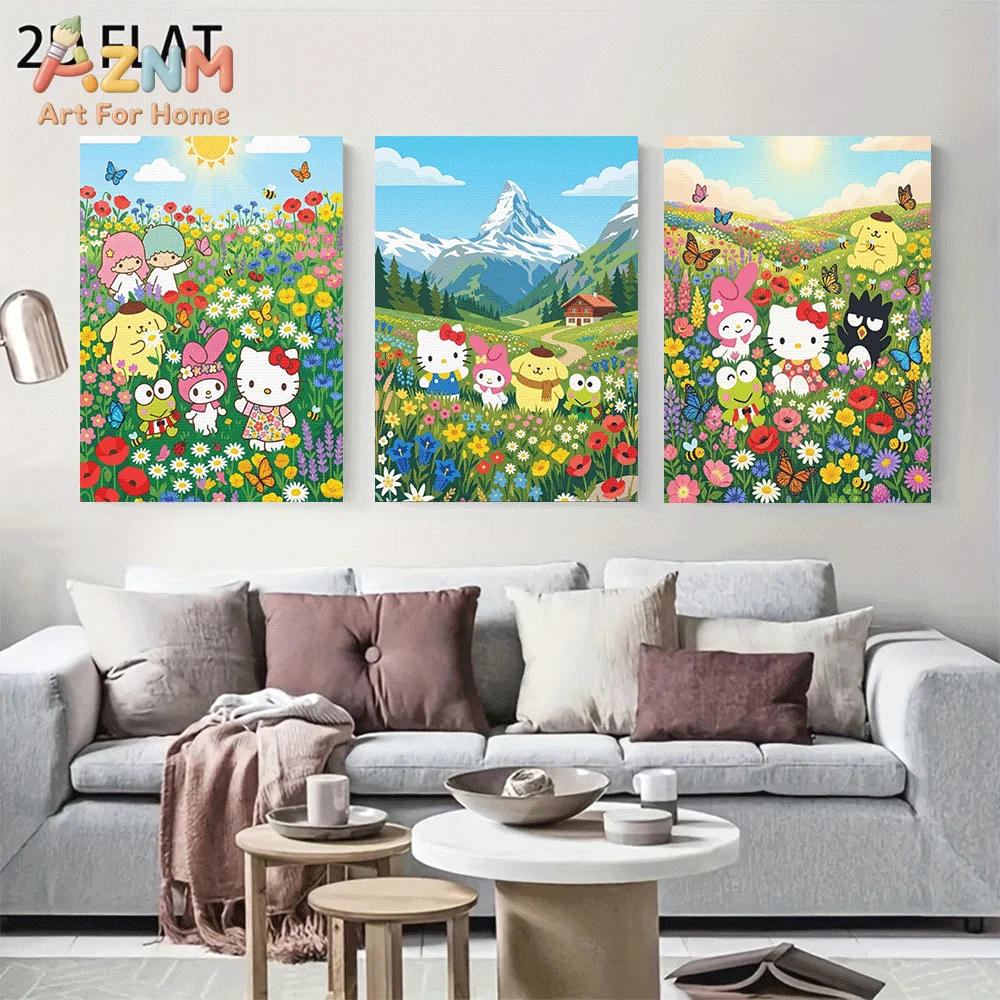 AZNM Sanrio Hello Kitty Friends Alpine Mountain Wildflower Field Canvas Wall Art Unframed Cute Cartoon Meadow Butterfly Scenery