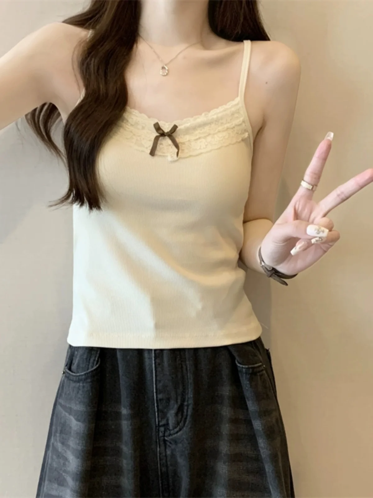 Lace  Knot Tank Top Women's plus Size Beautiful Small Shirt Slimming Inner Wear Integrated Chest Pad Elegant Back