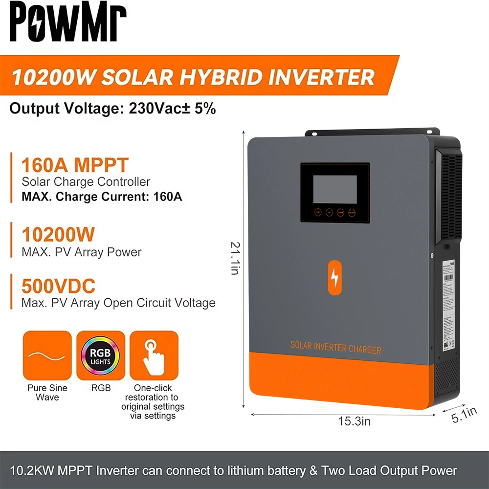 PowMr 10.2KW/10200W Hybrid Solar Inverter 48V 230VAC Output Build-in MPPT 160A Solar Charge Controller With On/Off Grid Function