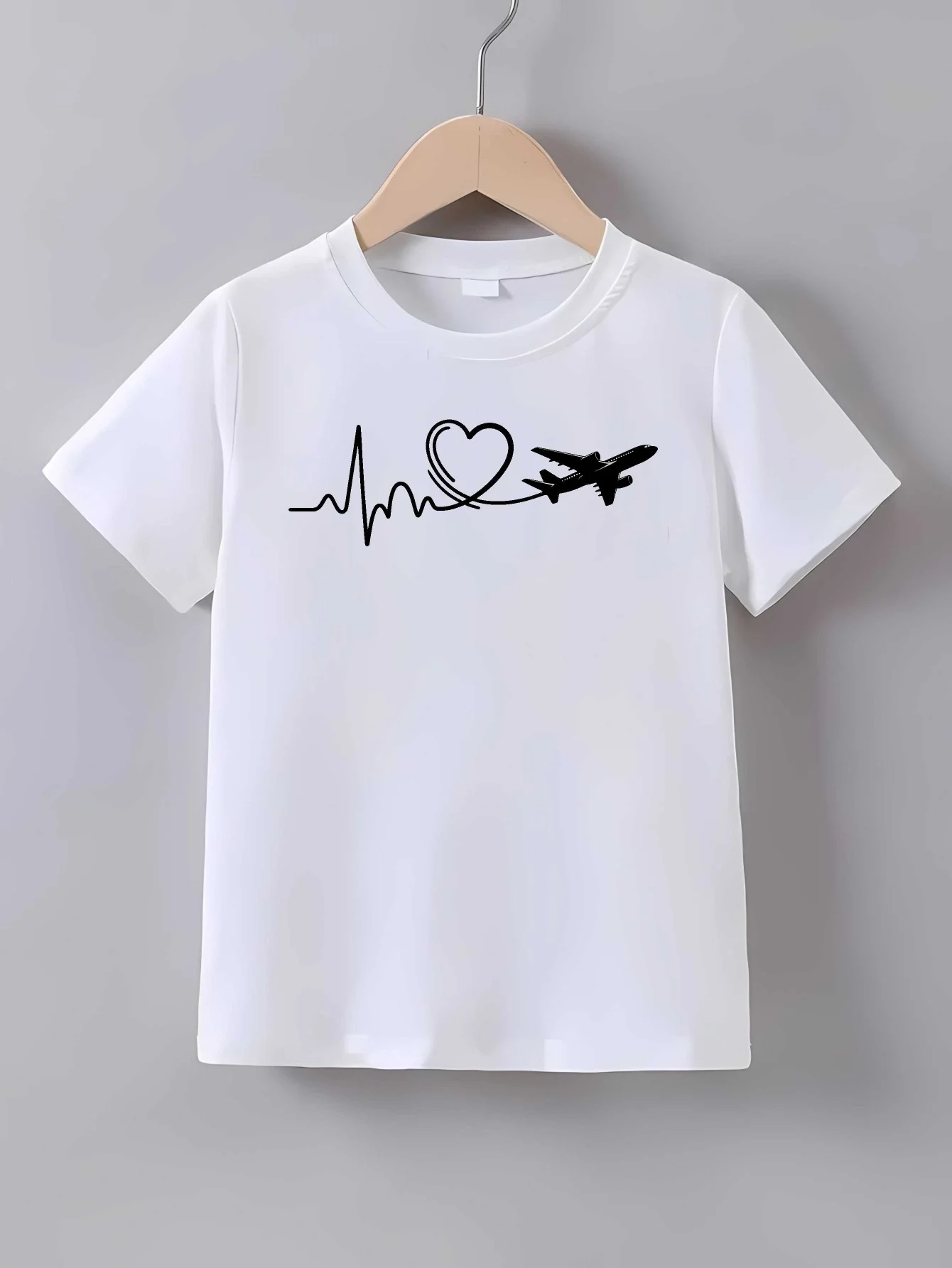 Family Matching T Shirt Minimal ECG Heart Plane Graphic Print Short Sleeve Cotton Tee For Boys Girls Kids Daily Casual Wear