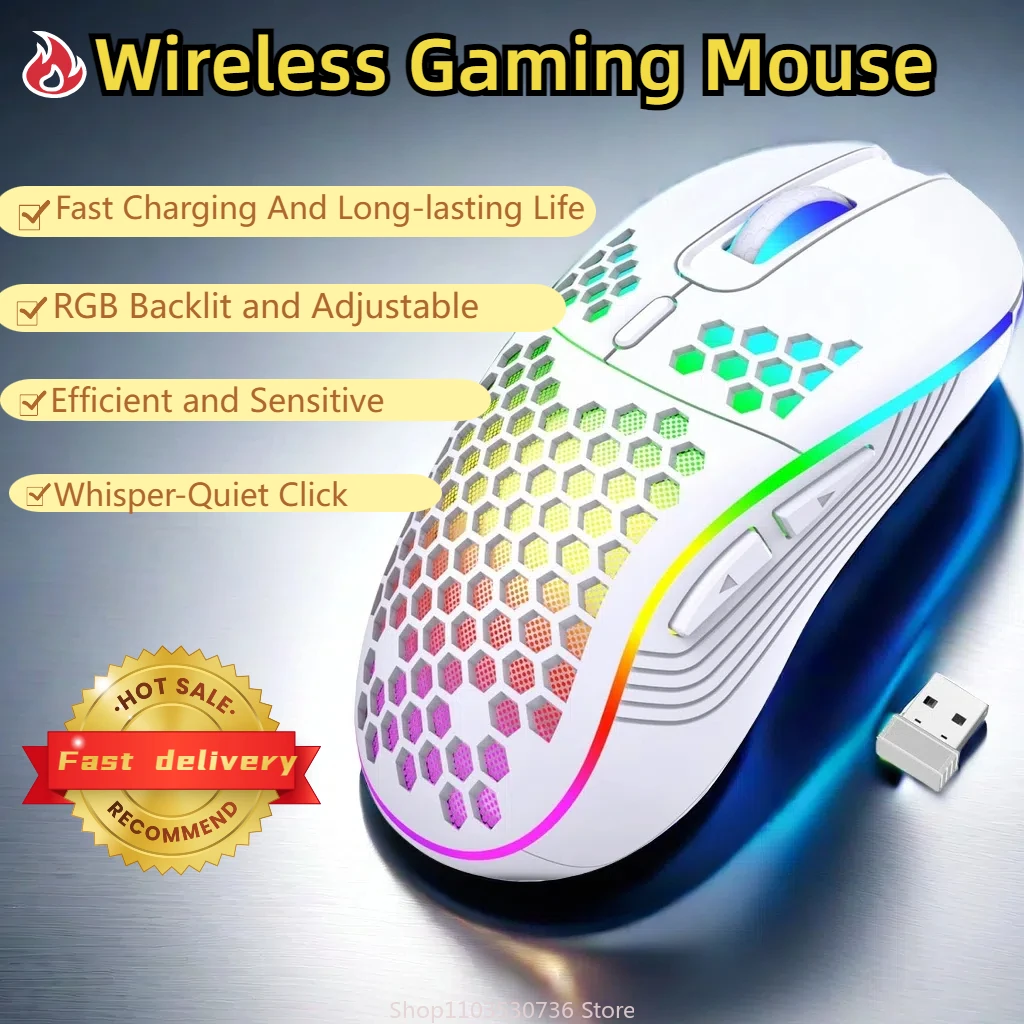 

2.4G Wireless Gaming Mouse RGB Lighting Charging Mouse with Adjustable DPI Ergonomic Honeycomb Design for Desktop Laptop