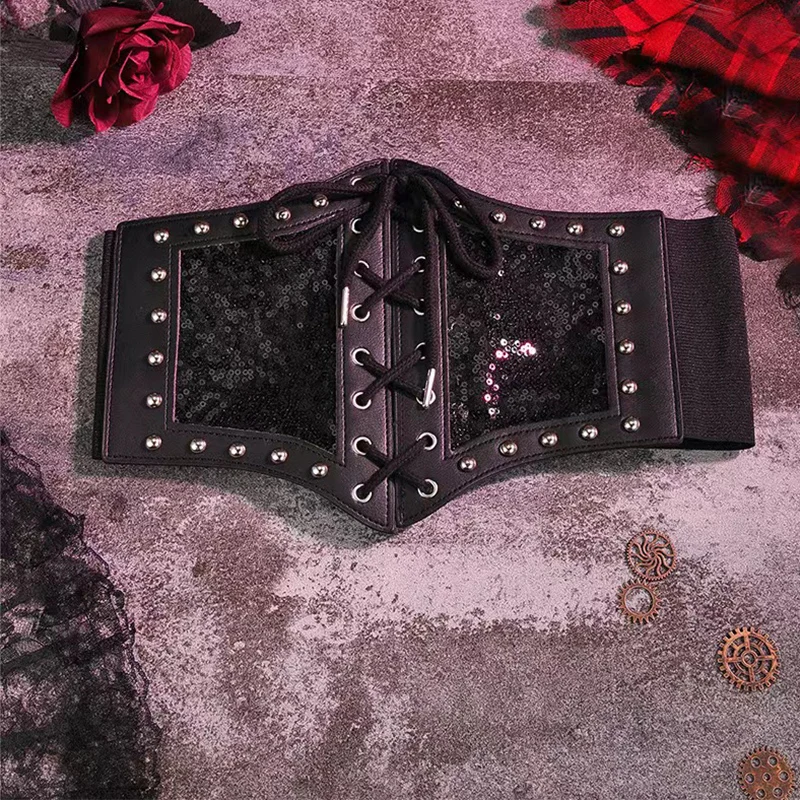 HERSHINE Women's Black Fashion Sequin and Studded Elastic Wide Waist Belt, Y2K Gothic Harajuku Rock Hip Hop Style，spring，summer