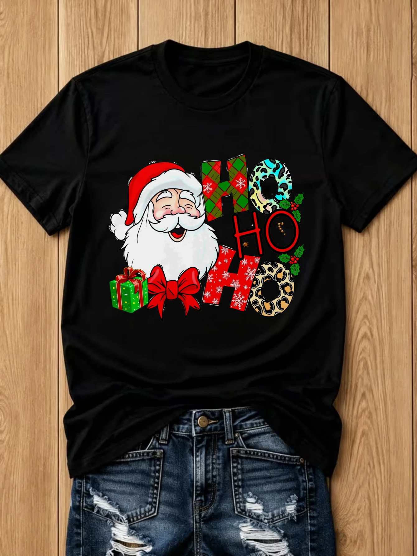 Women's Fashion Round-Neck Women's All Match Outfits Autumn Casual Daily Basic T-Shirts Santa Claus Ho Ho Ho Christmas Pattern