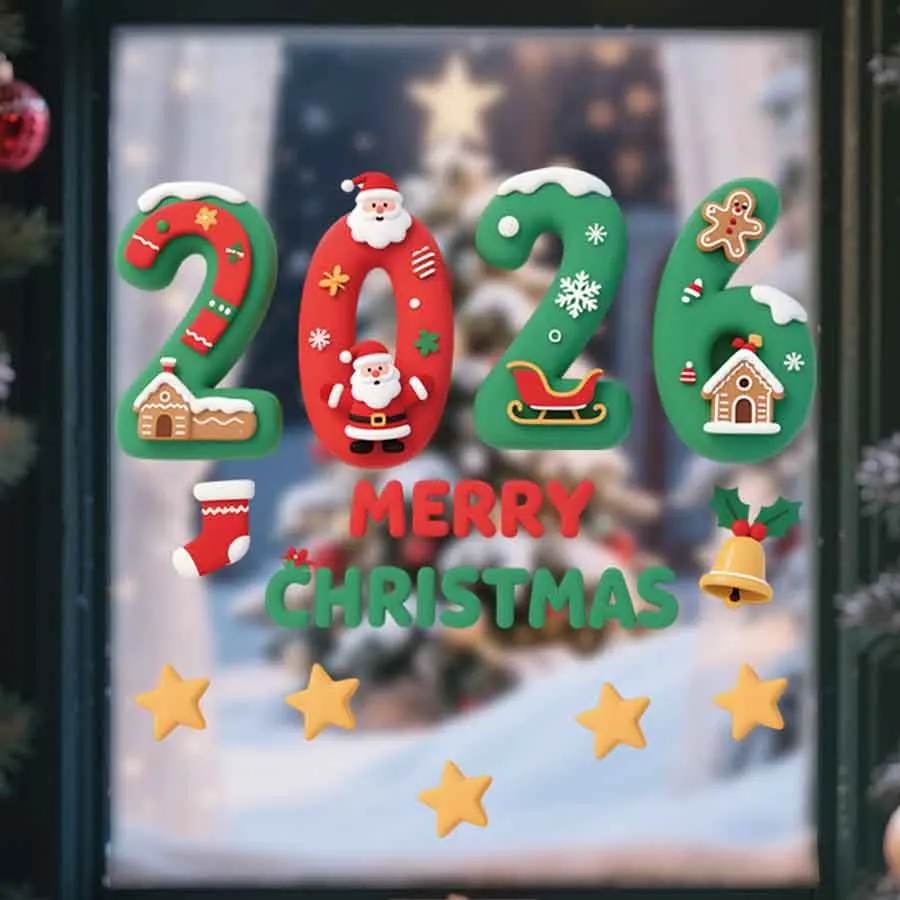 Weihnachten 2026 Cartoon 3D digitale Glasaufkleber für Einkaufszentrum, Fenster, statisch, abnehmbare Fensteraufkleber