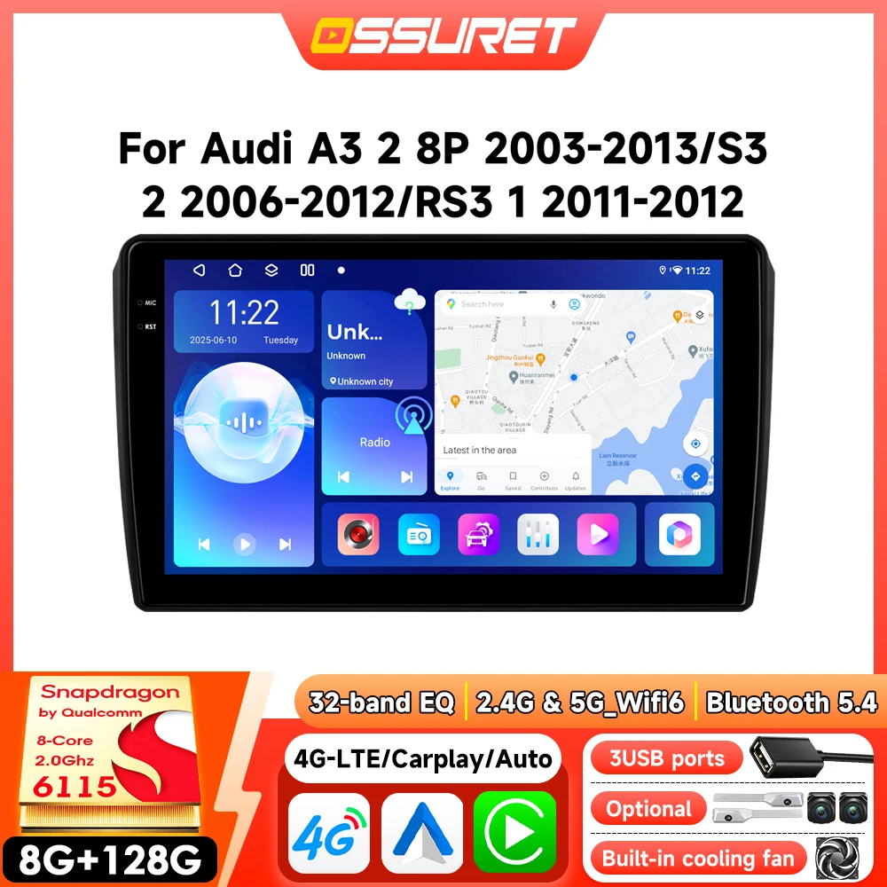 Android Autoradio für Audi A3 2 8P S3 2006-2013 Kabelloses CarPlay Auto GPS Intelligentes 6115 Stereo Multimedia Autoradio