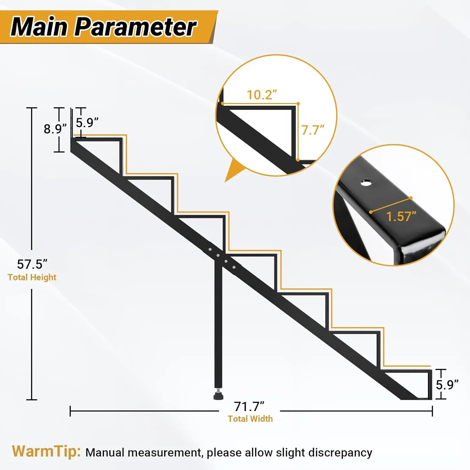 أداة رفع سلالم فولاذية ذات 7 خطوات، أوتار سلالم معدنية مع أرجل دعم معززة، أداة سلم فولاذية شديدة التحمل مقاس 57.5 بوصة #3