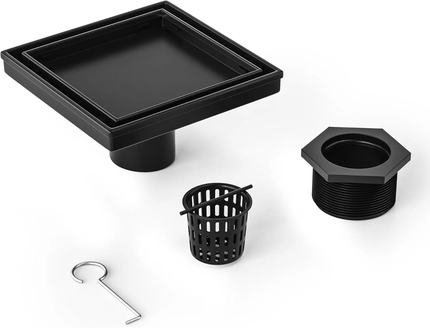 

Square Shower Drain 6", Matte Black Floor Drain with Tiled Insert Grate & Hair Strainer, 304 Stainless Steel Bathroom 2-in-1 Til