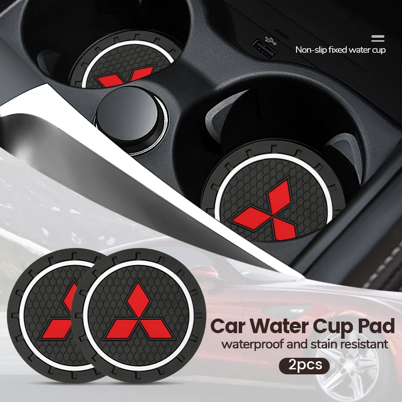 2pcs Car Coaster Water Cup Slot Non-Slip Mat Pad Emblem Interior Accessories For Mitsubishi Lancer 9 EX Outlander 3 ASX L200