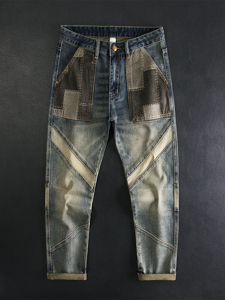 

Ретро-джинсы в американском стиле для мужчин, с цветными вставками, модные, в уличном стиле, узкие прямые длинные брюки, молодежные, повседневные, из хлопка.