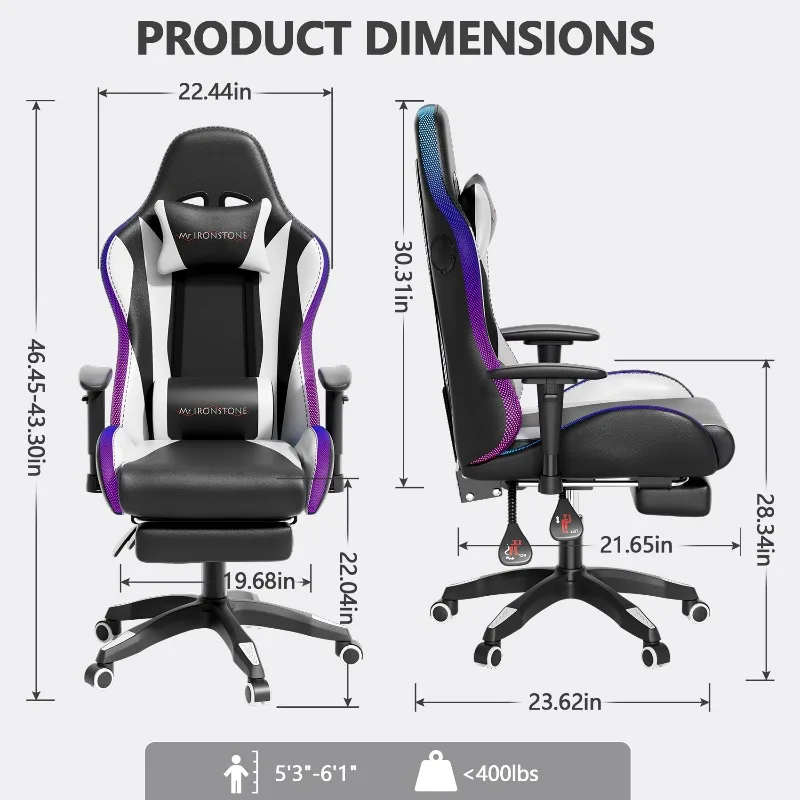RGB Gaming Chair with Bluetooth Speakers, Ergonomic Gamer Chair with LED Lights, Vibration Lumbar Support, Footrest and
