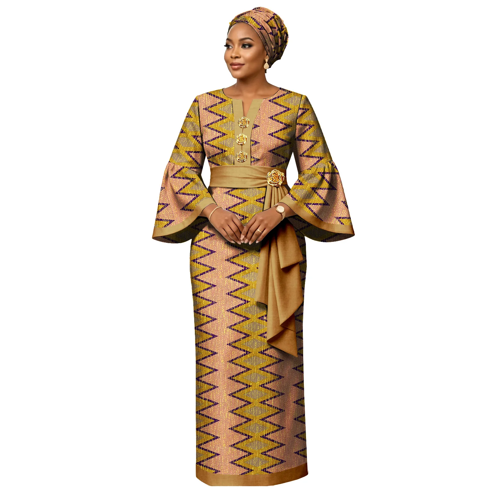 Women African Dress Set, Ankara Print Flare Sleeve Gown with Matching Headwrap, Dashiki Floral Button Attire - view 3