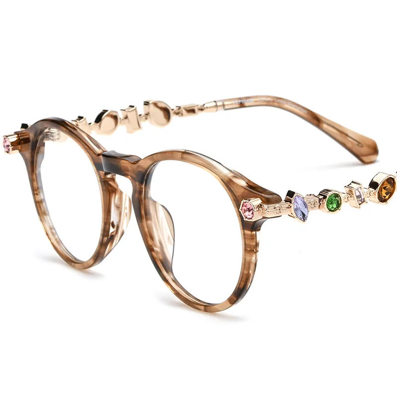 Fashion High end Fashion Designer's Diamond studded Decoration Women's Luxury Glasses High quality Round Acetate Eyeglass Frame