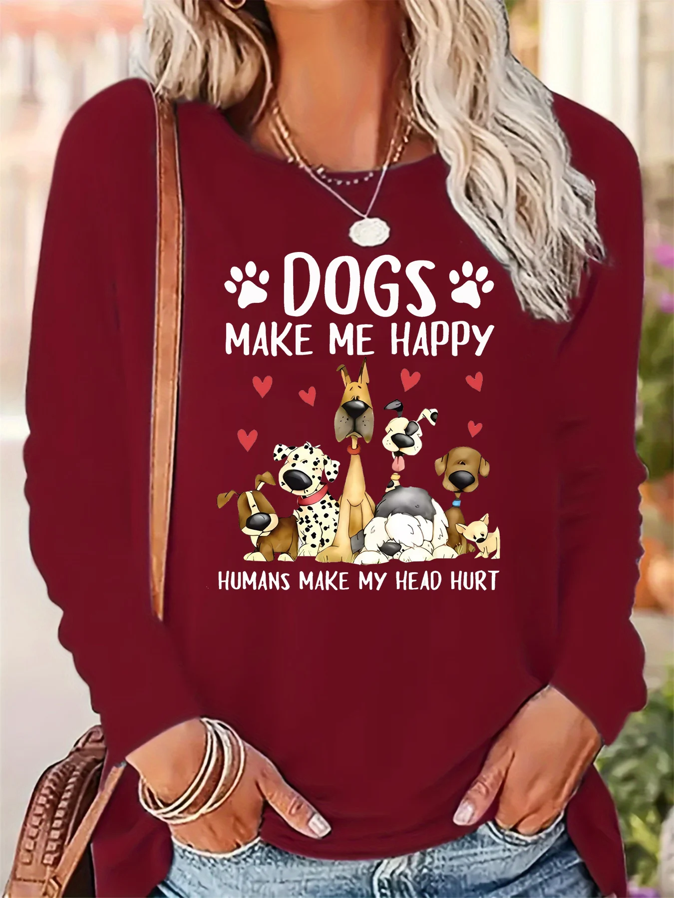 تي شيرت نسائي للربيع والخريف 100% من القطن الخالص عصري غير رسمي فضفاض بنمط حروف مطبوع برقبة دائرية وأكمام طويلة