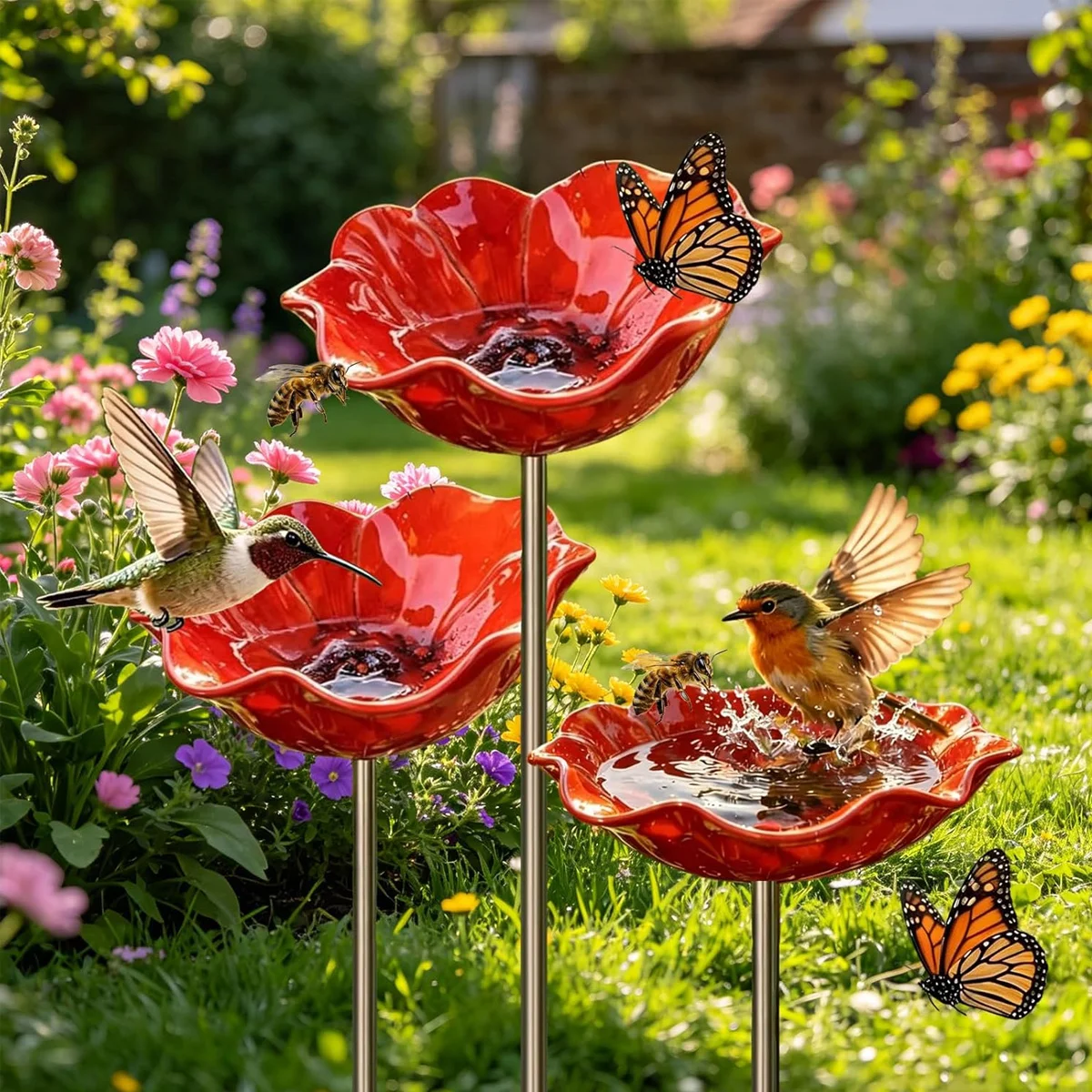 1 Comedero Creativo para Pájaros y Flores para Exteriores, Estaca de Metal Hecha a Mano para Jardín - Comedero para Polinizadores y Bebedero para Colibríes, Bebedero de Metal para Jardín, Decoración de Jardín