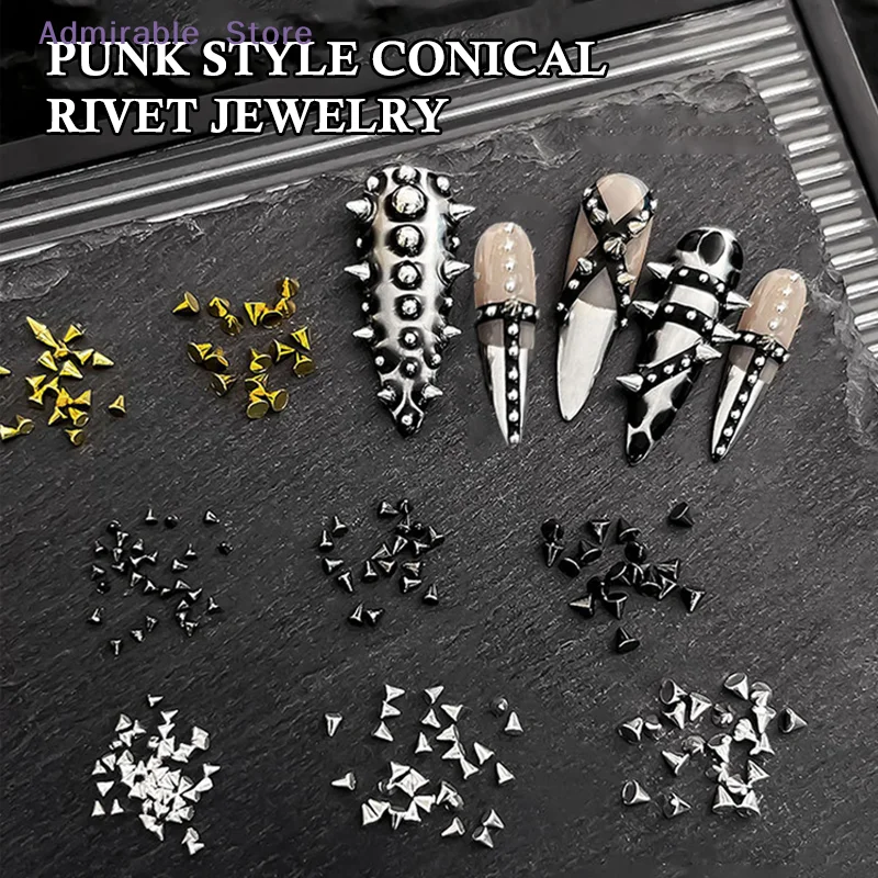 w100Pcs Punk Rivet Nail Charms Cone Mixed Sized Nail Art Studs Stylish Alloy Spike 3D DIY Nails Decor