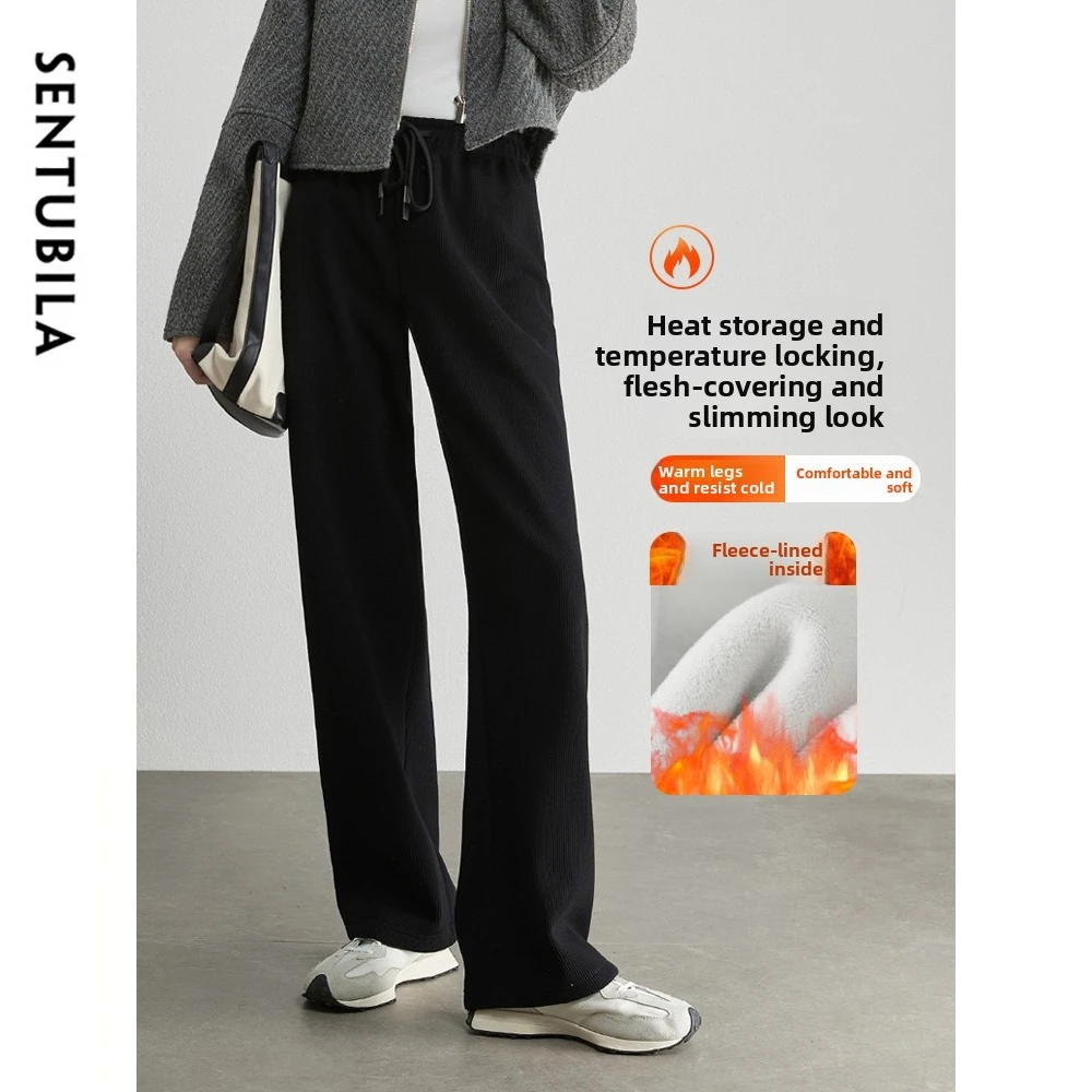 

SENTUBILA Casual Loose Knit Pants Women 2025 Winter Thick Warm Wide-leg Pants High-waist Lace Up Solid Trouser 134K52469